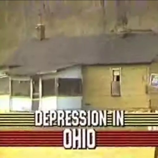 a still from an old news broadcast with a graphic that says "DEPRESSION IN OHIO"